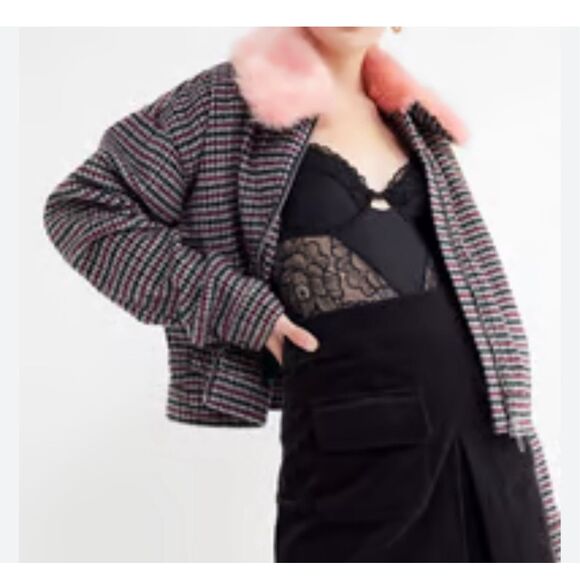 Urban outfitters Colette houndstooth pink fur collar jacket size small - Picture 1 of 13